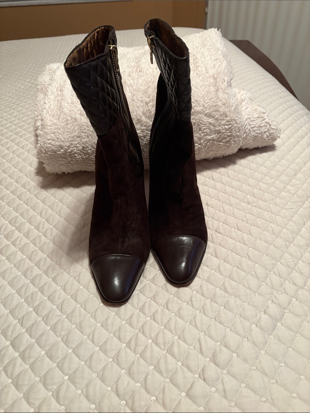 Adrienne Vittadini Dark Brown Suede & Quilted Leather Ankle Boots
